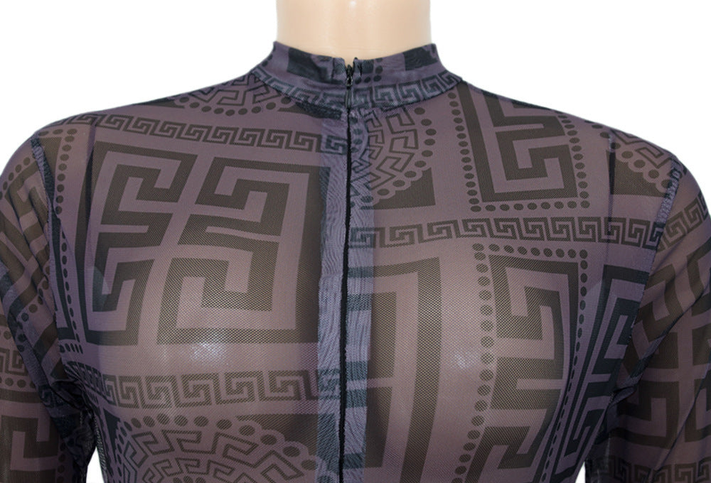 Women Style Printed Mid-High Neck Long Sleeve Jumpsuit 13