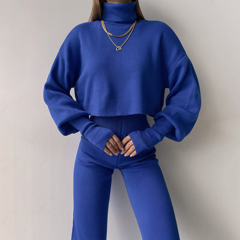 Women Casual High Neck Loose Long Sleeve Top and Pant Two-piece Set