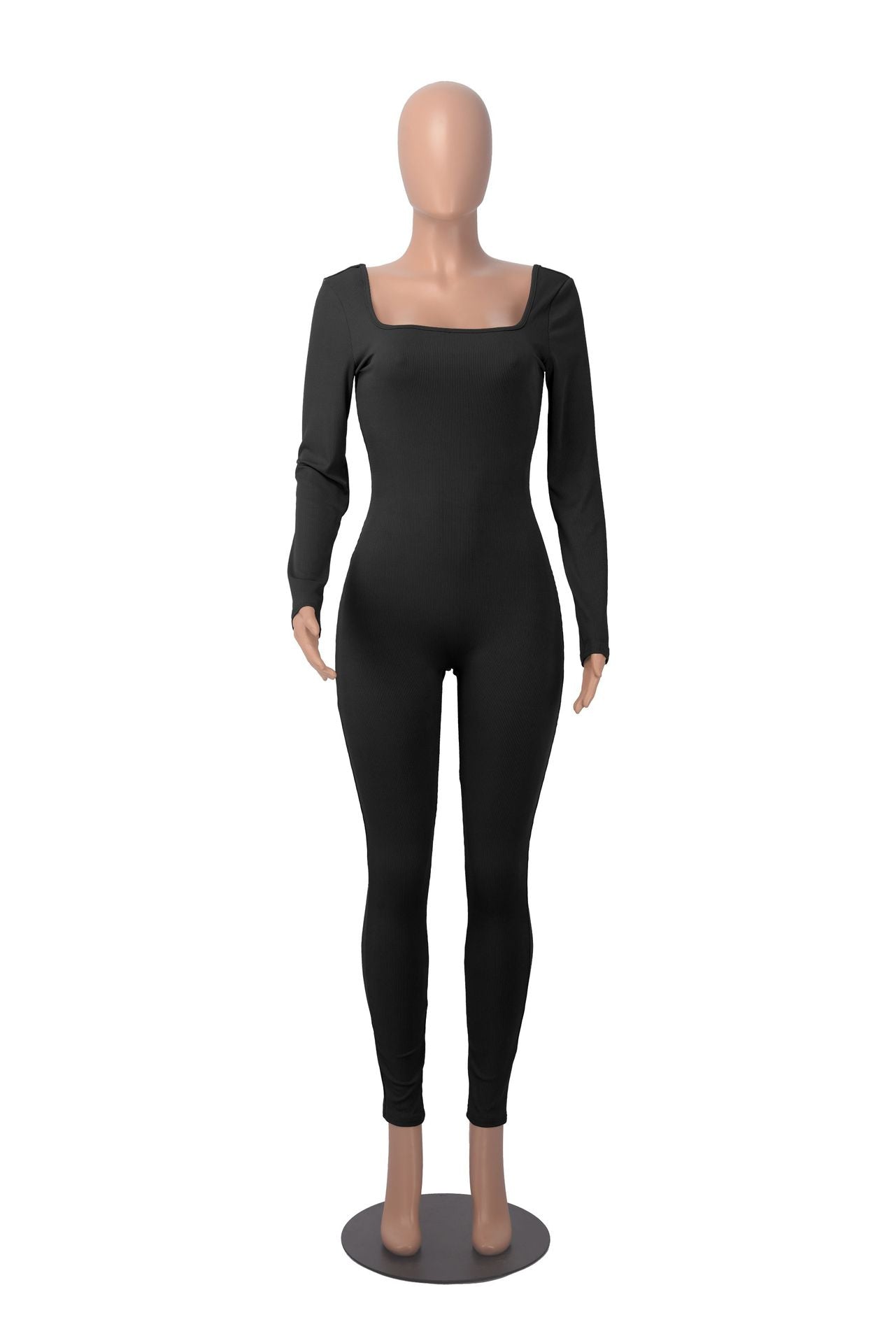 Women's Solid Color Long Sleeve Ribbed Square Neck Low Back Butt Lift Slim Athletic Jumpsuit 28