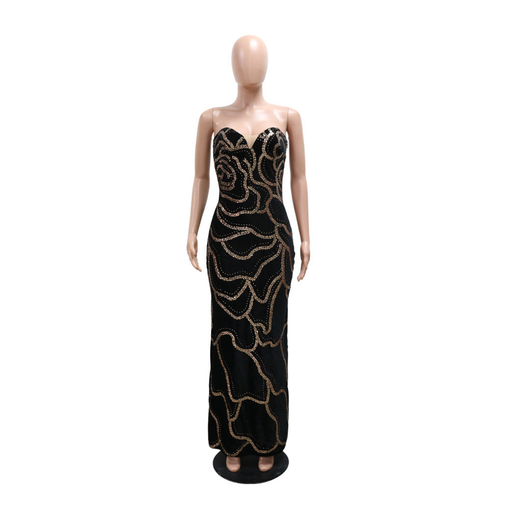 V-Neck Strapless Luxury Sequin Formal Party Long Dress 9