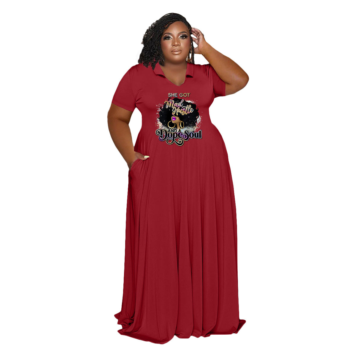 Plus Size Women Casual Turndown Collar Printed Short Sleeve Maxi Dress 7