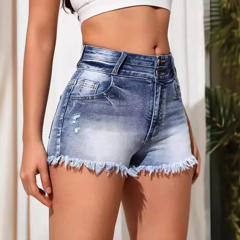 Women Button Raw Edge Stretchy Denim Shorts 5