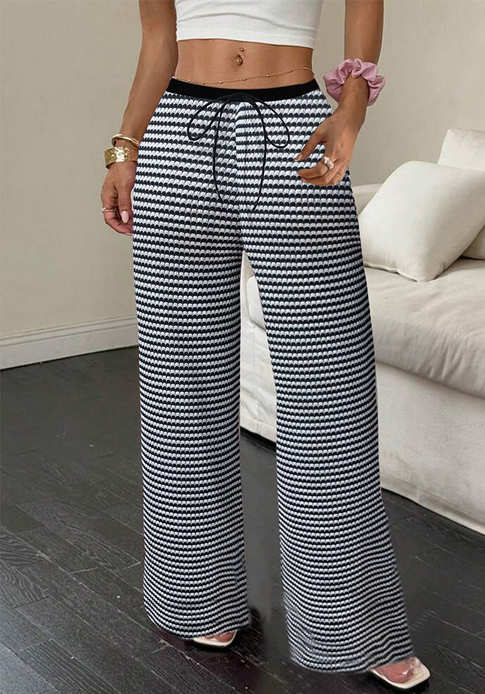 Women's Spring/Autumn Casual Black & White Striped High Waist Loose Wide-Leg Pants