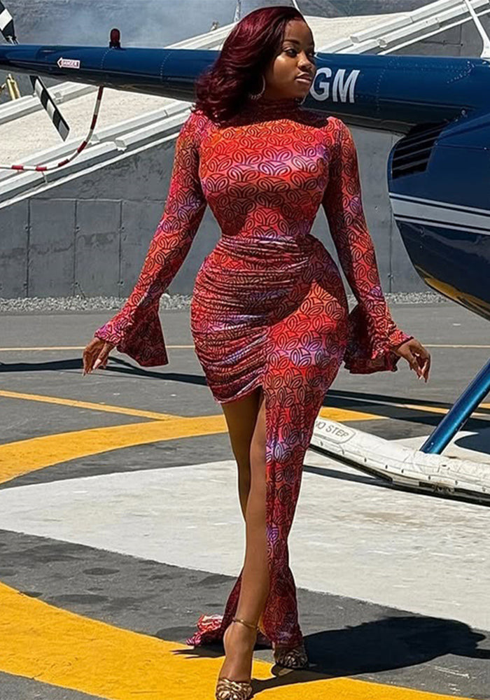 trendy women's clothing  print fashion irregular long-sleeved short bodycon dress