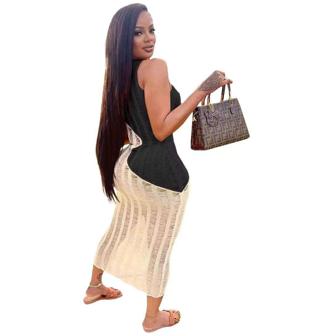 Women Sexy Sleeveless Knitting Color Block Dress 14