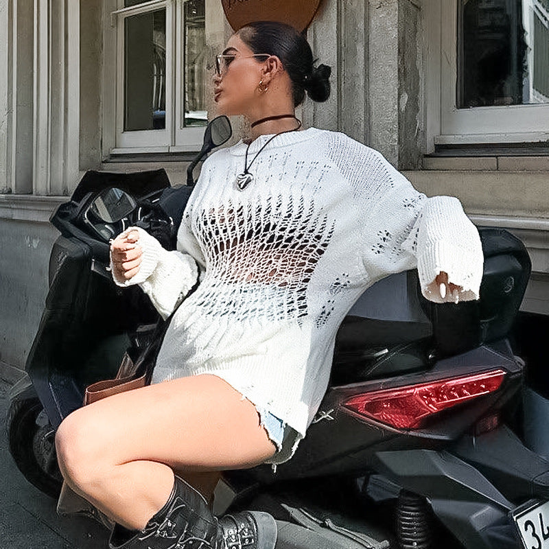 Women autumn and winter hollow Ripped knitting Top 3