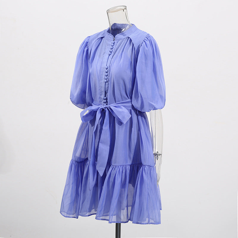 Women Solid Puff Sleeve Short Skirt Lace-Up Dress 7