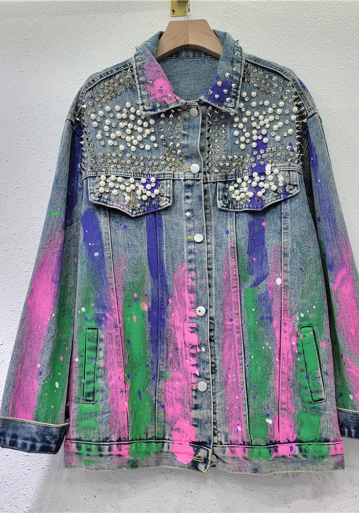 Women Spring Loose Diamond Trendy Hand-Painted Denim Jacket