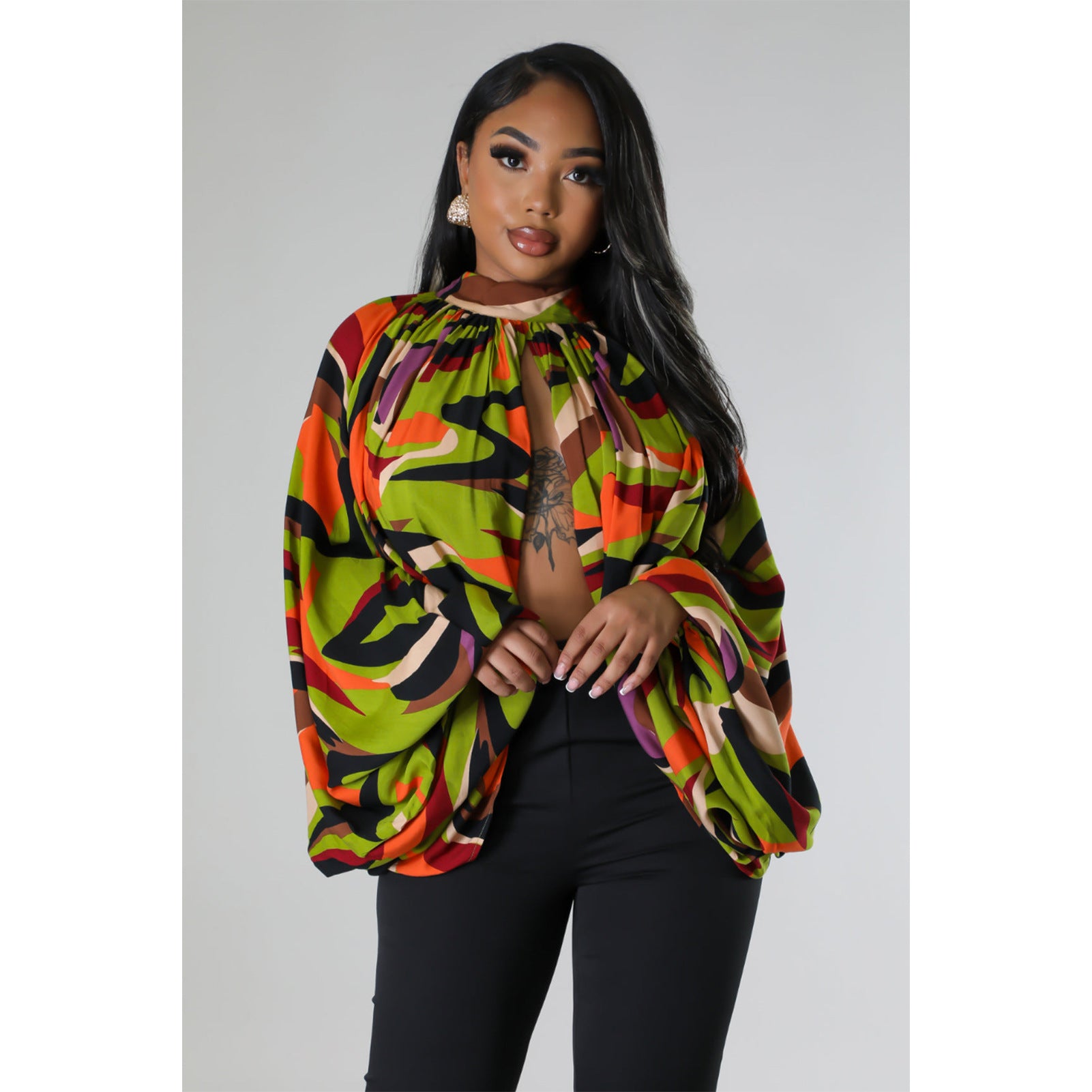 Women Buttoned Printed Bat Sleeves Shirt 5
