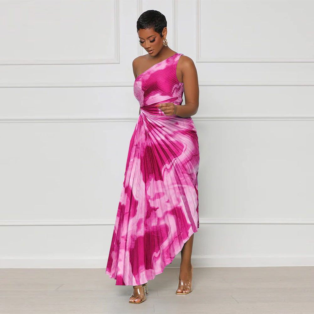 Women Slash Shoulder Sleeveless Pleated Maxi Dress 4