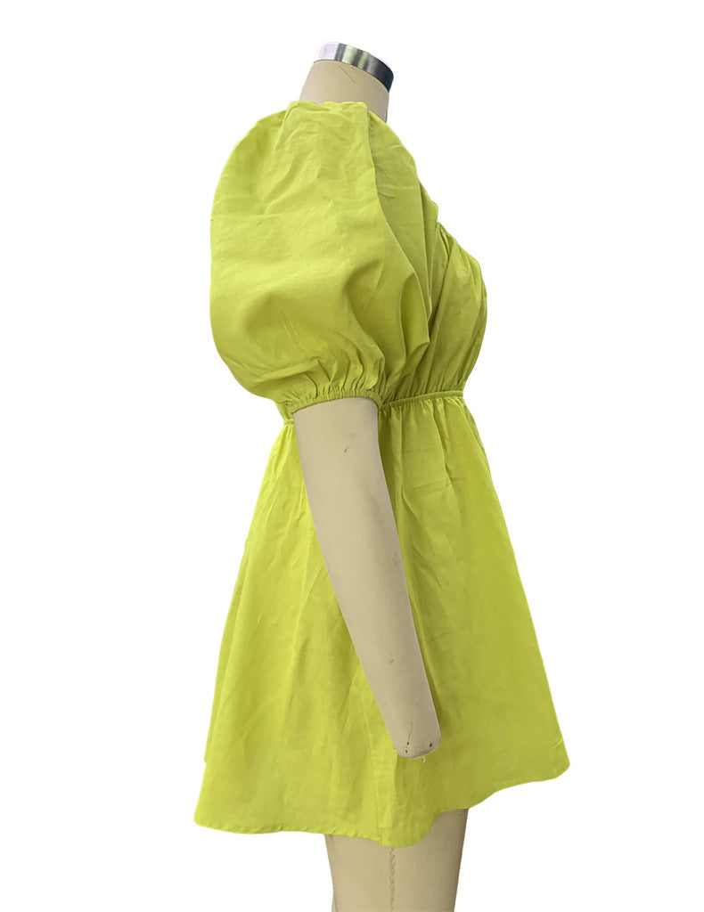 Spring Women's Fashion Square Neck Puff Sleeve Linen Dress 5