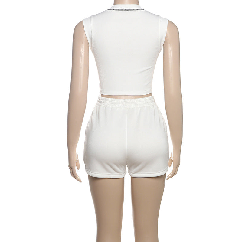 Women Summer Style Solid U-neck Sleeveless Crop Top and Shorts Two-piece Set 9
