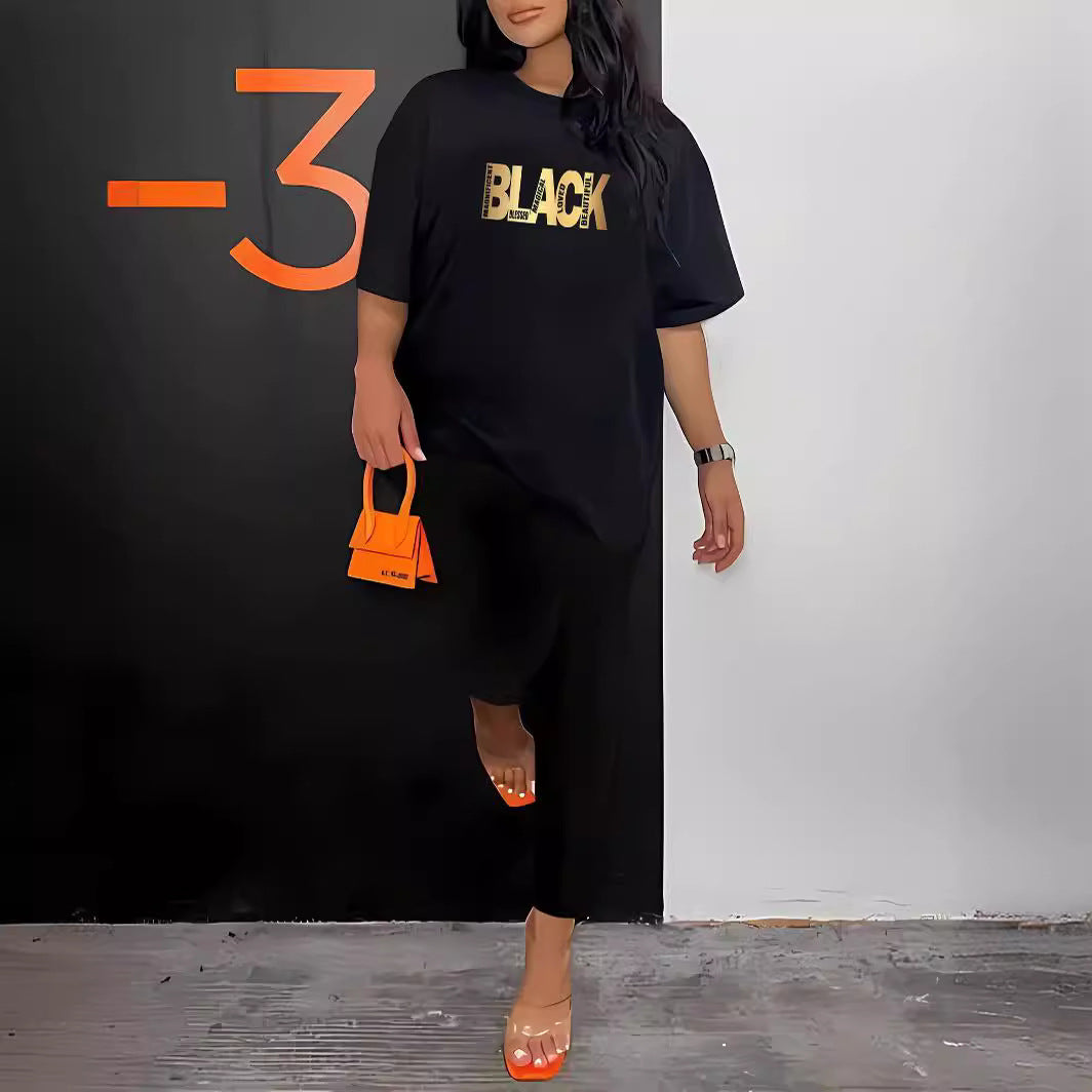 Women's Letter Prints Round Neck Casual T-Shirt Shorts Two Pieces Set