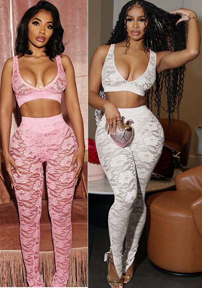 Women Summer Sexy Wrap Patchwork Lace Suspender Crop Top and Pants Two Piece Set