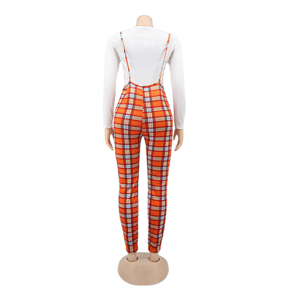 Spring Printed Long-Sleeved Slim Fit Women's Strap Casual Two Piece Pants Set 27