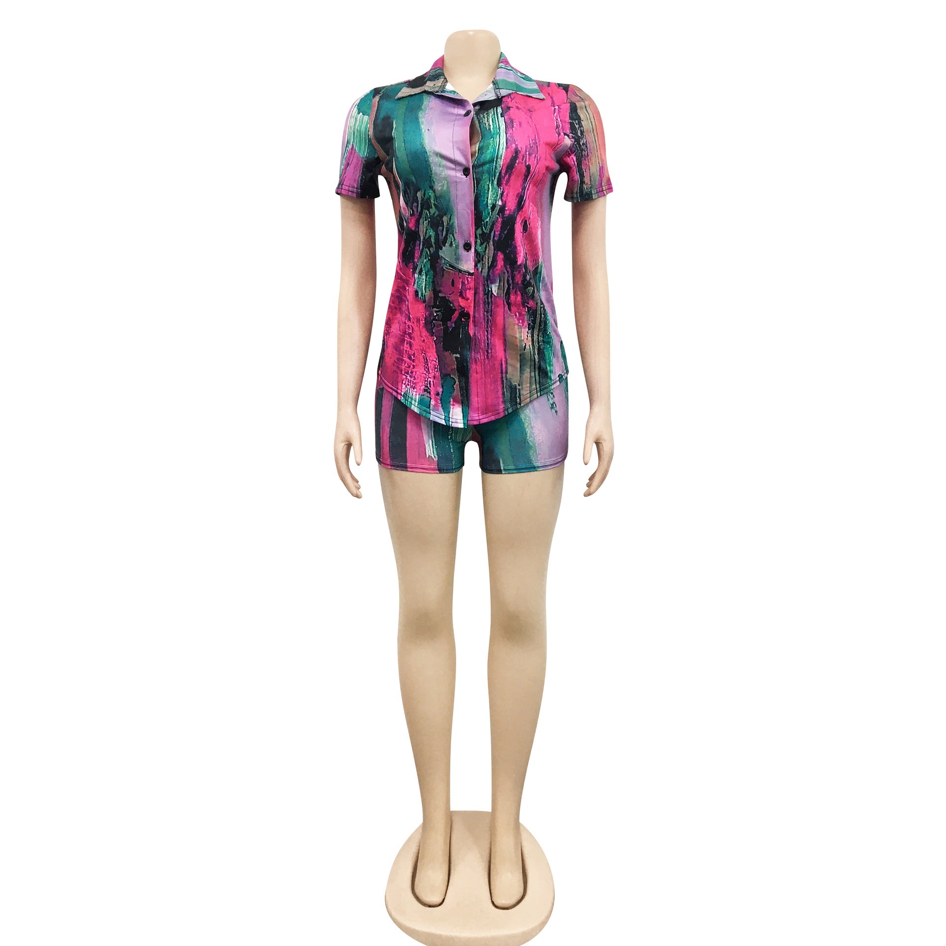 Trendy Print V-Neck Long-Sleeve Two-Piece Shorts Set 14