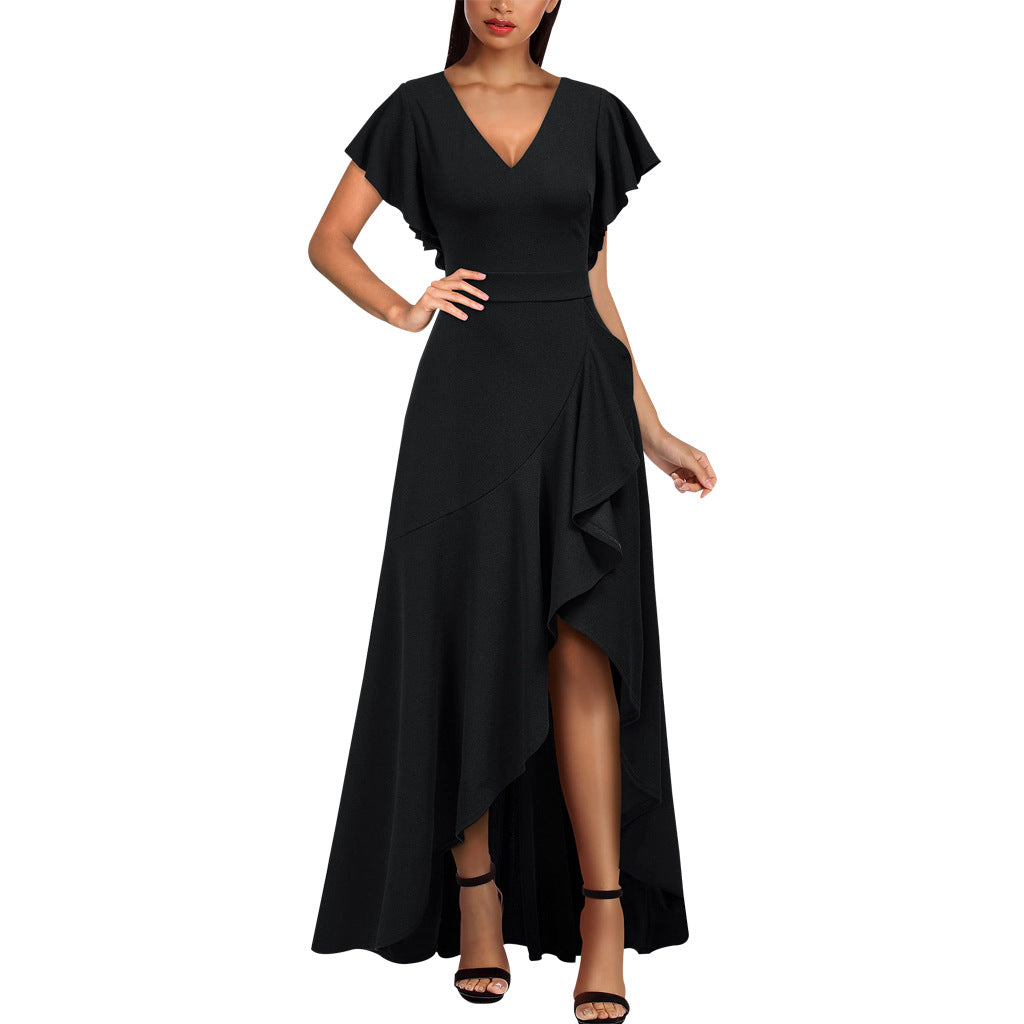 Women Sexy V Neck Irregular Ruffle Leaf Dress 4