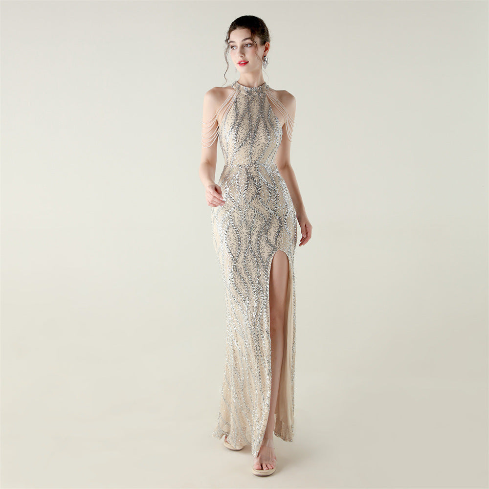 Women sequined sequined tube flower beaded sexy backless fishtail Formal Party evening dress 16
