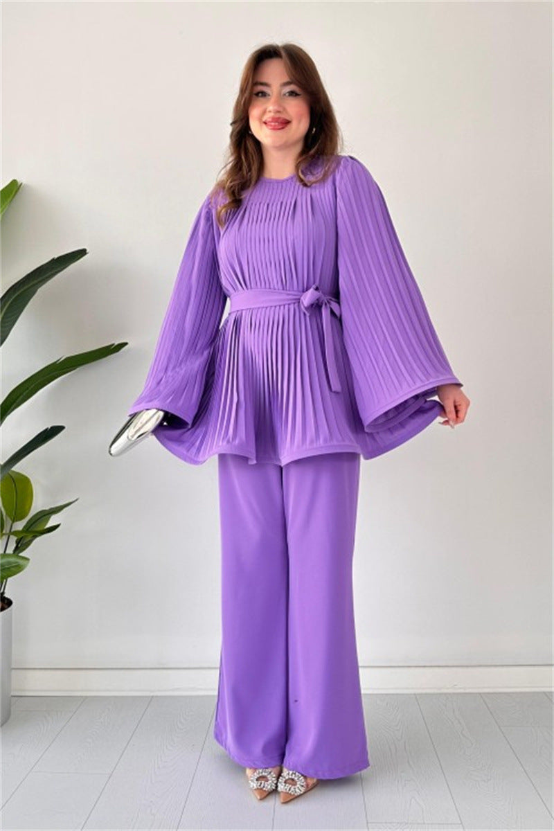 Women's Fashion Casual Belt Pleated Loose Top Wide Leg Pants Two Piece Set 6