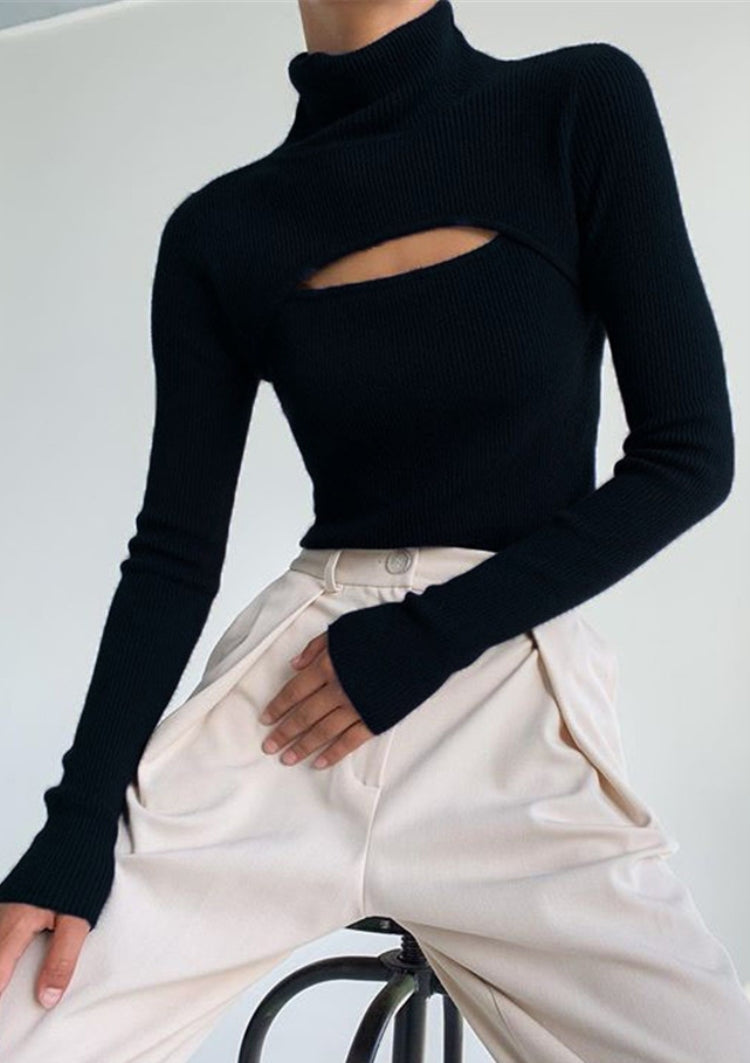 Winter Black Turtleneck Cut Out Knit Basic Top