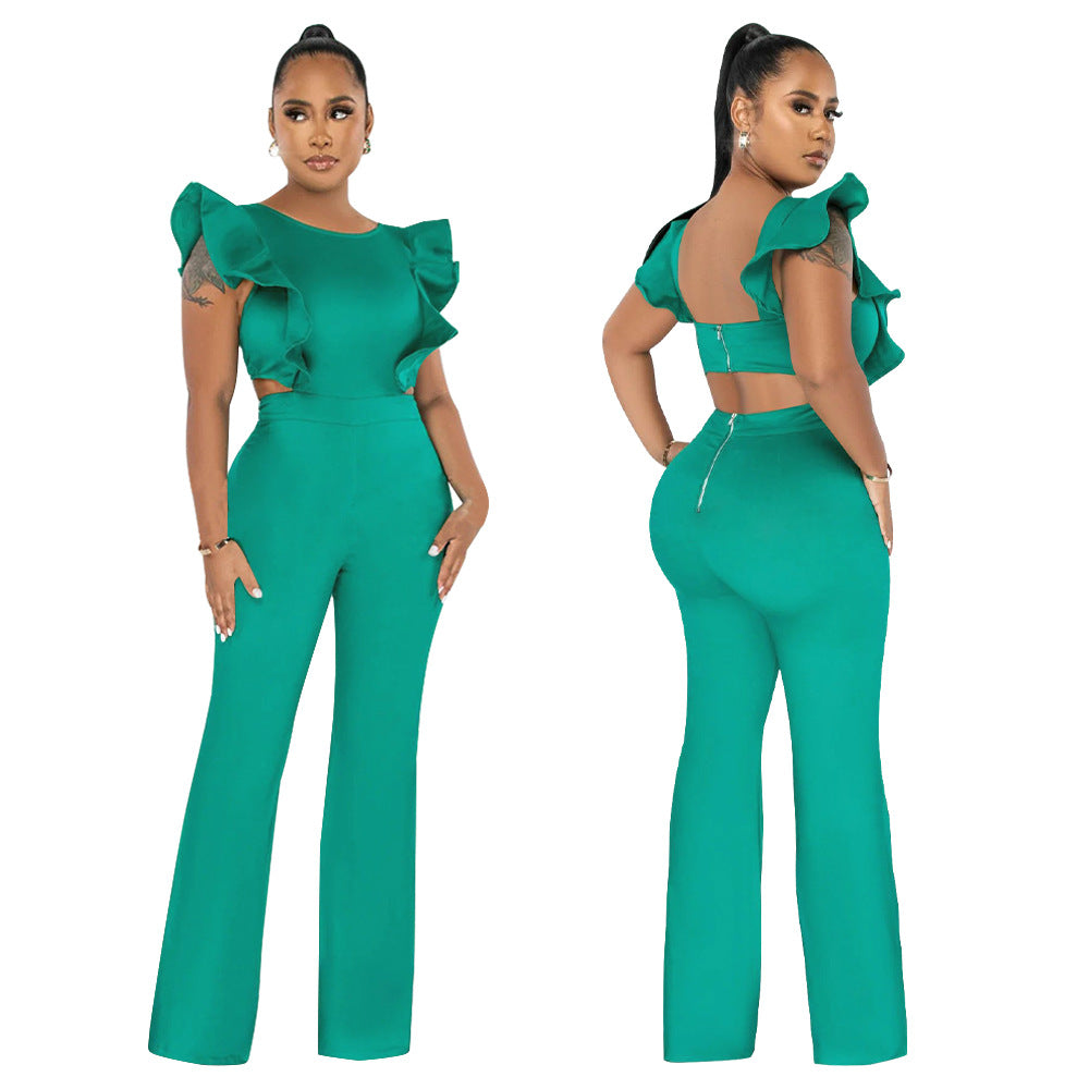 Women Summer Ruffle Round Neck Solid Jumpsuit 9