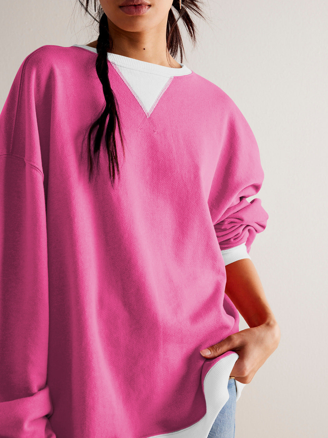 Autumn and winter contrast color Round Neck Women loose sweatshirt 5