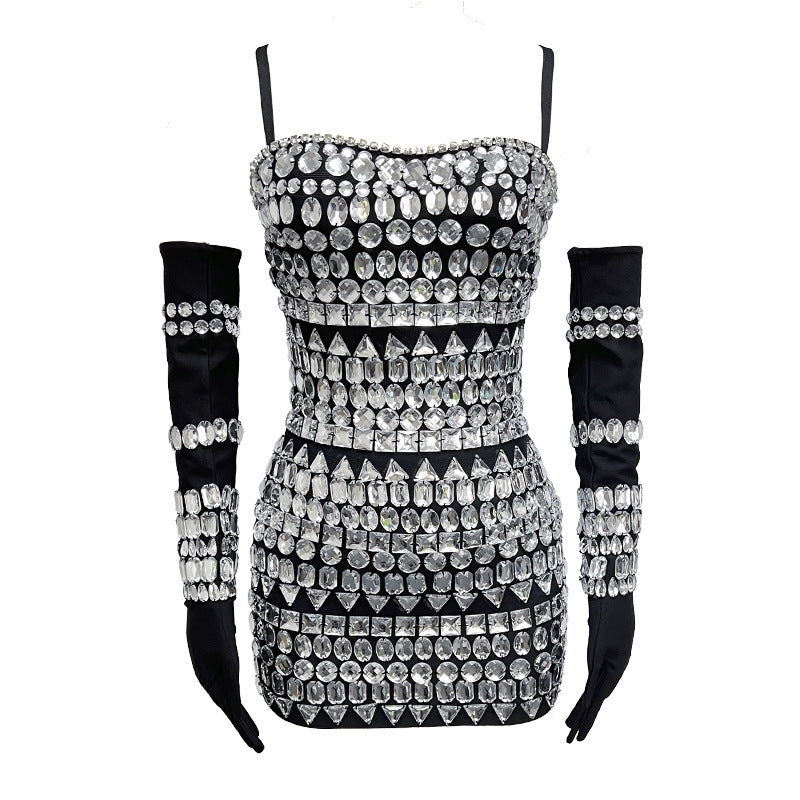Women's Black Spiked Sleeves Straps Sleeveless Rhinestone Dress Women's Clothing 6