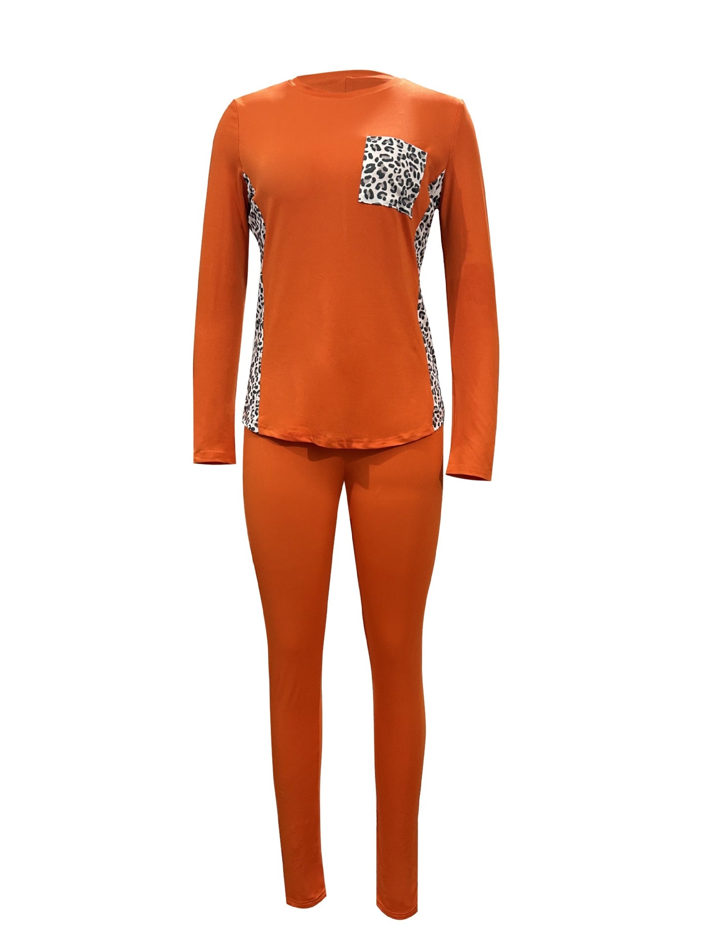 Women Leopard Patchwork Casual Round Neck Top and Pants Two-piece Set 21