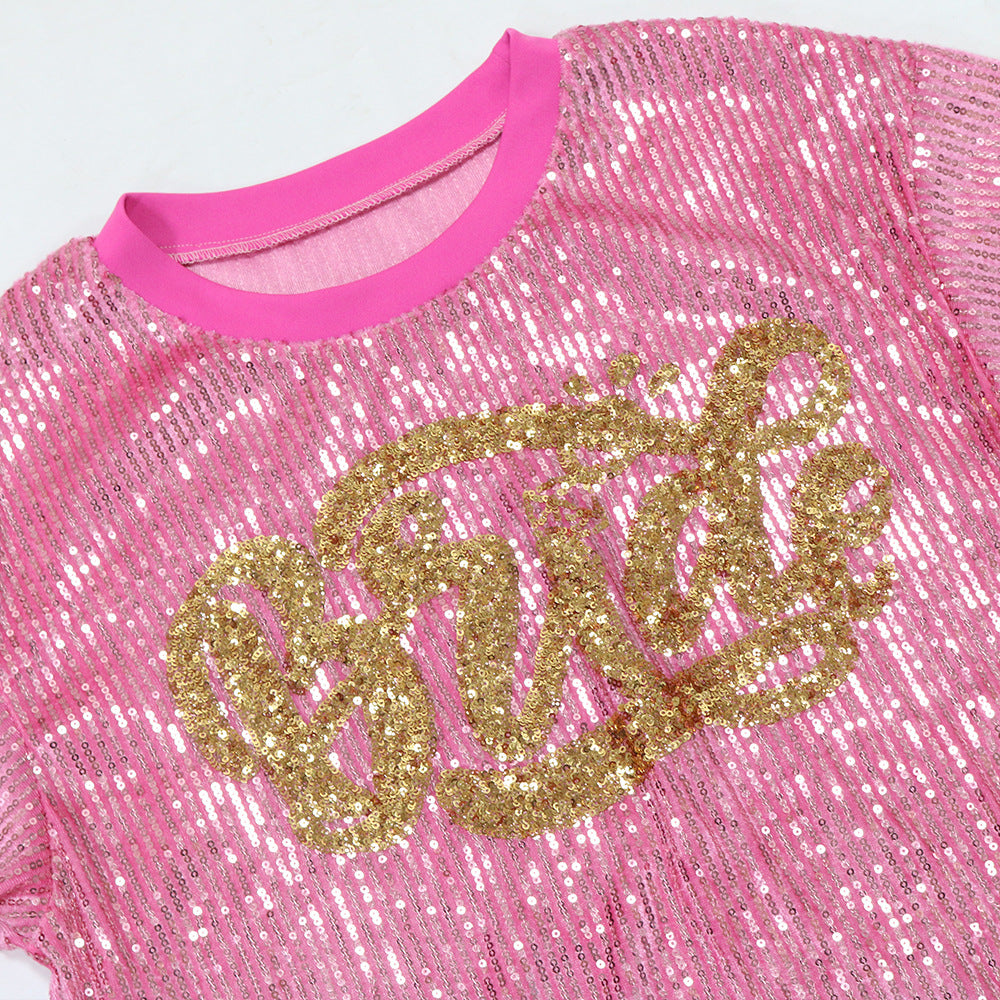 Women Fashion Round Neck Short Sleeve Sequin Tassel Casual Dress 17