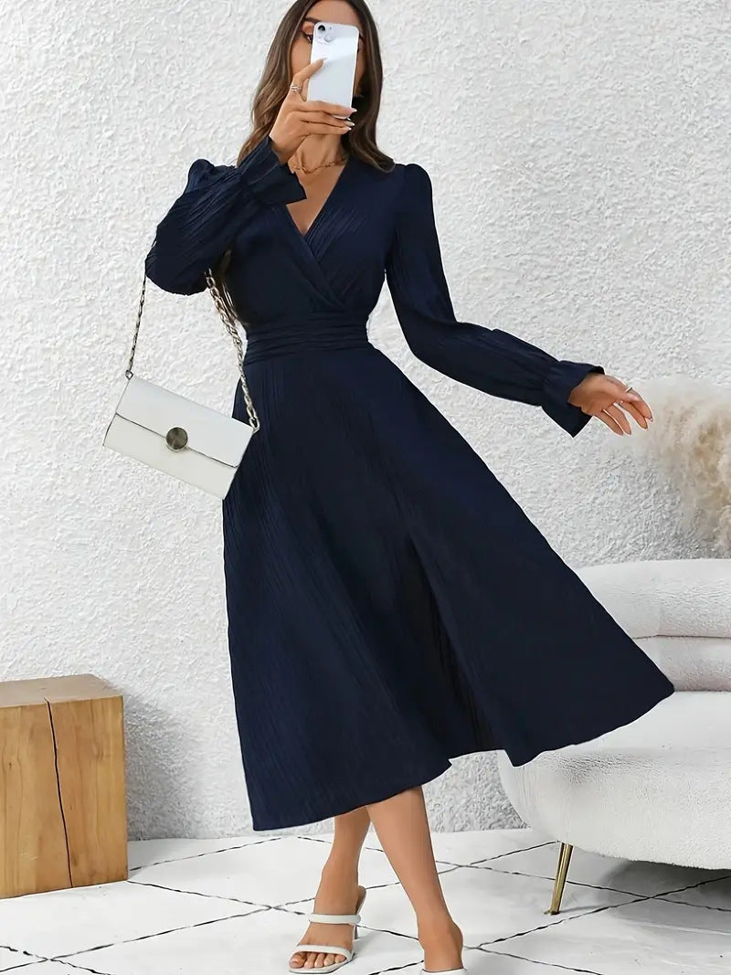 Women's Chic V-Neck Slim Elegant Long Sleeve Slit A-Line Dress 4