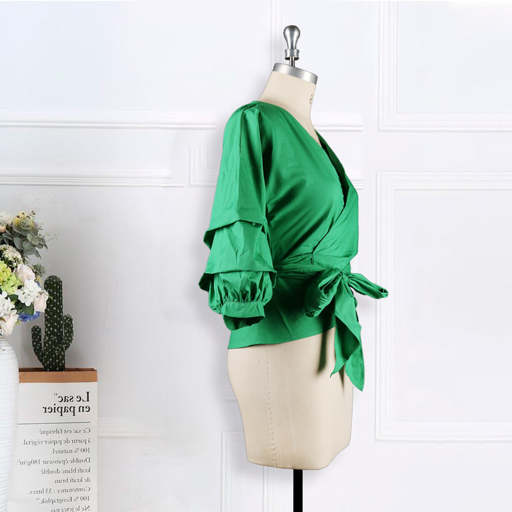 Plus Size Women's Clothing Cross Lace-Up Bubble Sleeve Sexy V-Neck Casual Shirt Top 4