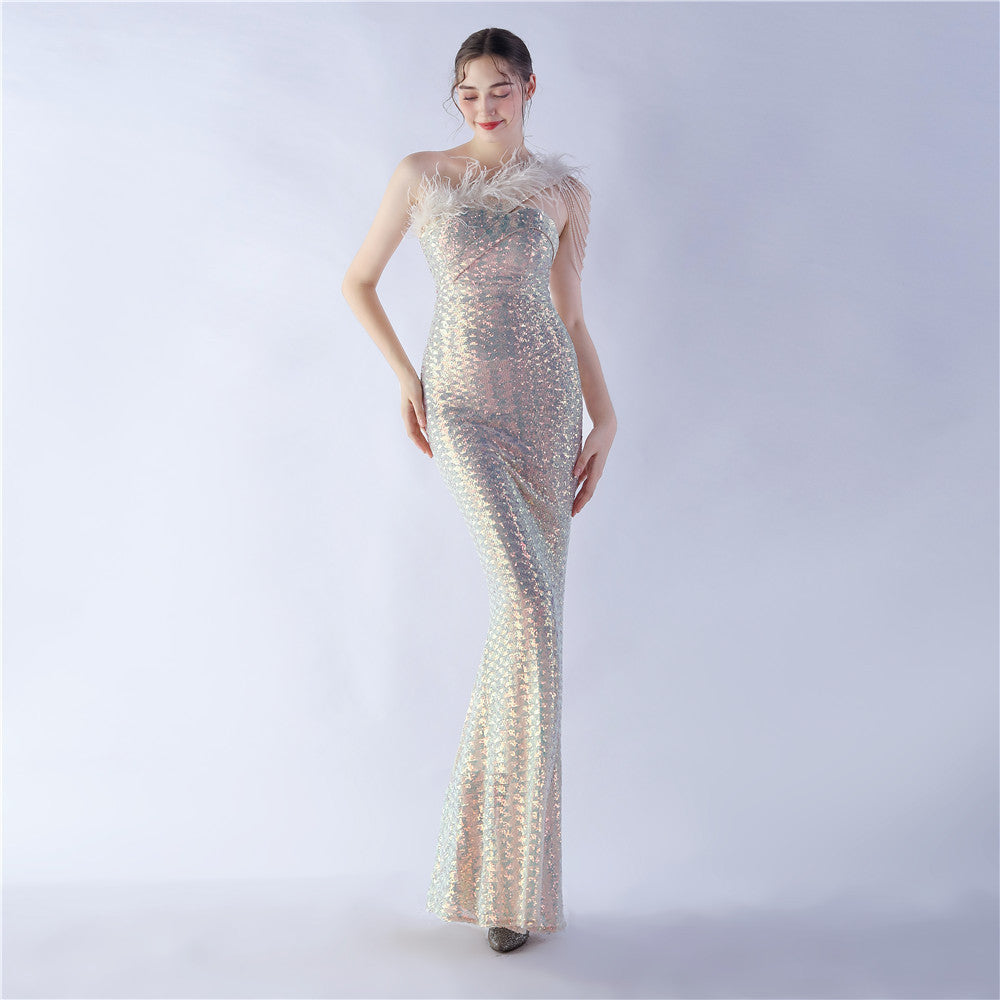 Women Ostrich Feather Beads Symphony Sequins Formal Party Evening Dress 16