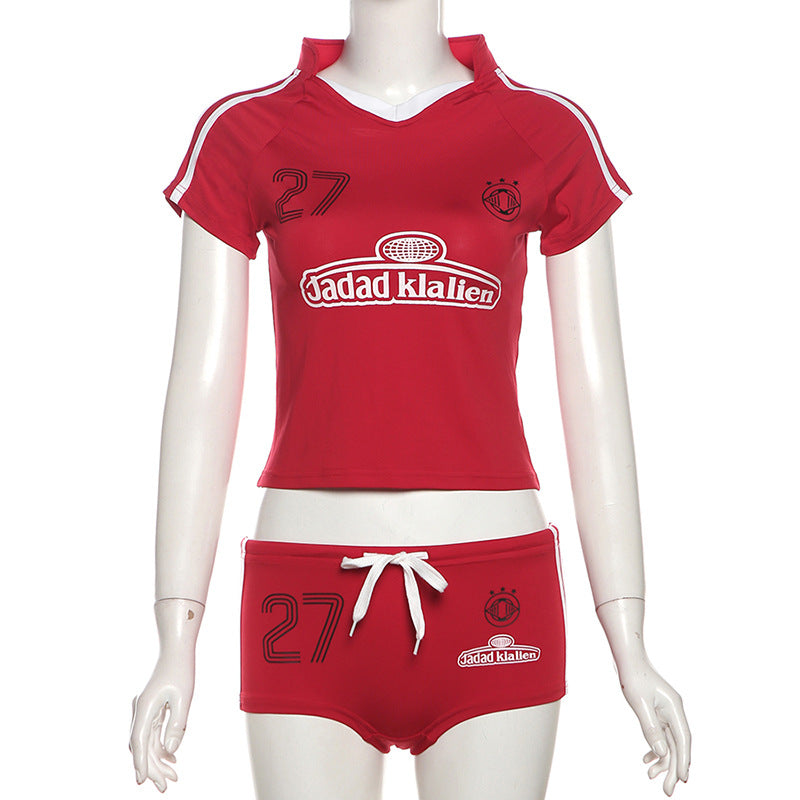 Summer Sexy Slim Short Sleeve High Waist Sports Two Piece Shorts Set For Women 6