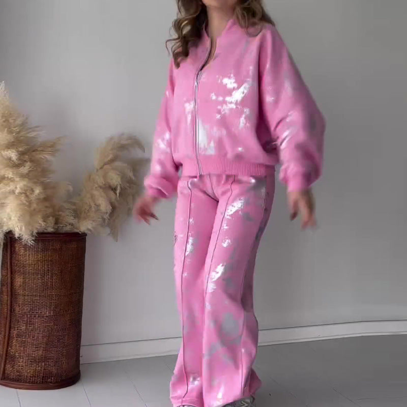 Women summer sequin print zipper casual top and pant two-piece set