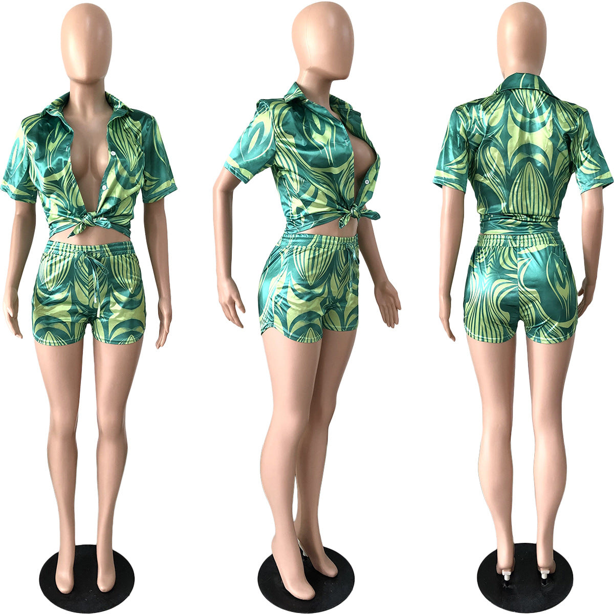 Women's Summer High Stretch Fabric Print Shirt Cropped Two Piece Shorts Set 13