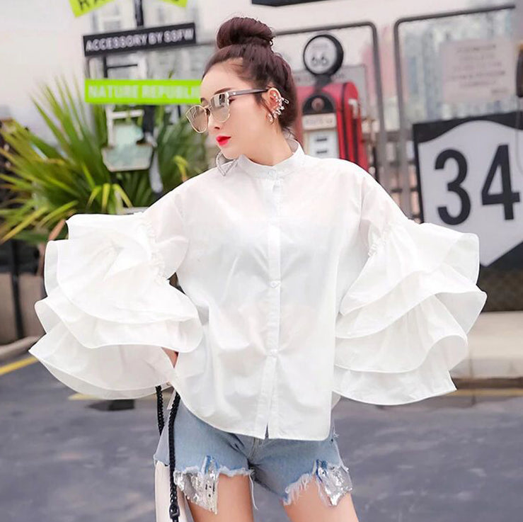 Women multi-layered ruffled Bell Bottom loose-sleeved Stand Collar shirt 7