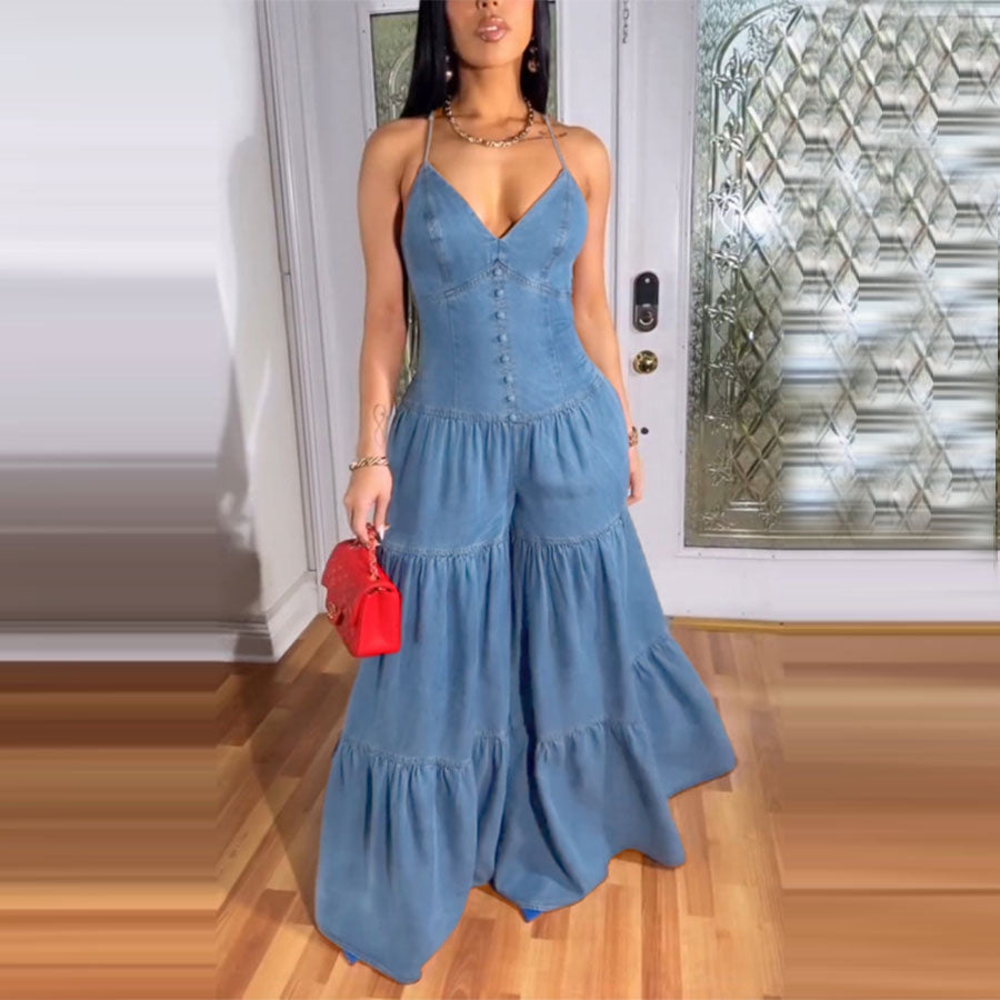 Spring Women's Sweet Sexy V-Neck Strap Low-Back Wide Leg Jumpsuit