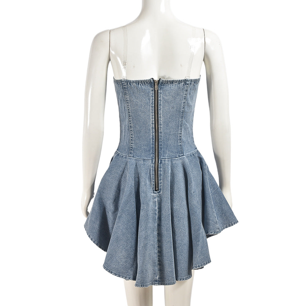 Elastic Denim Women's Zipper Lace-Up Sexy Transparent Strap Short A-Line Dress 8