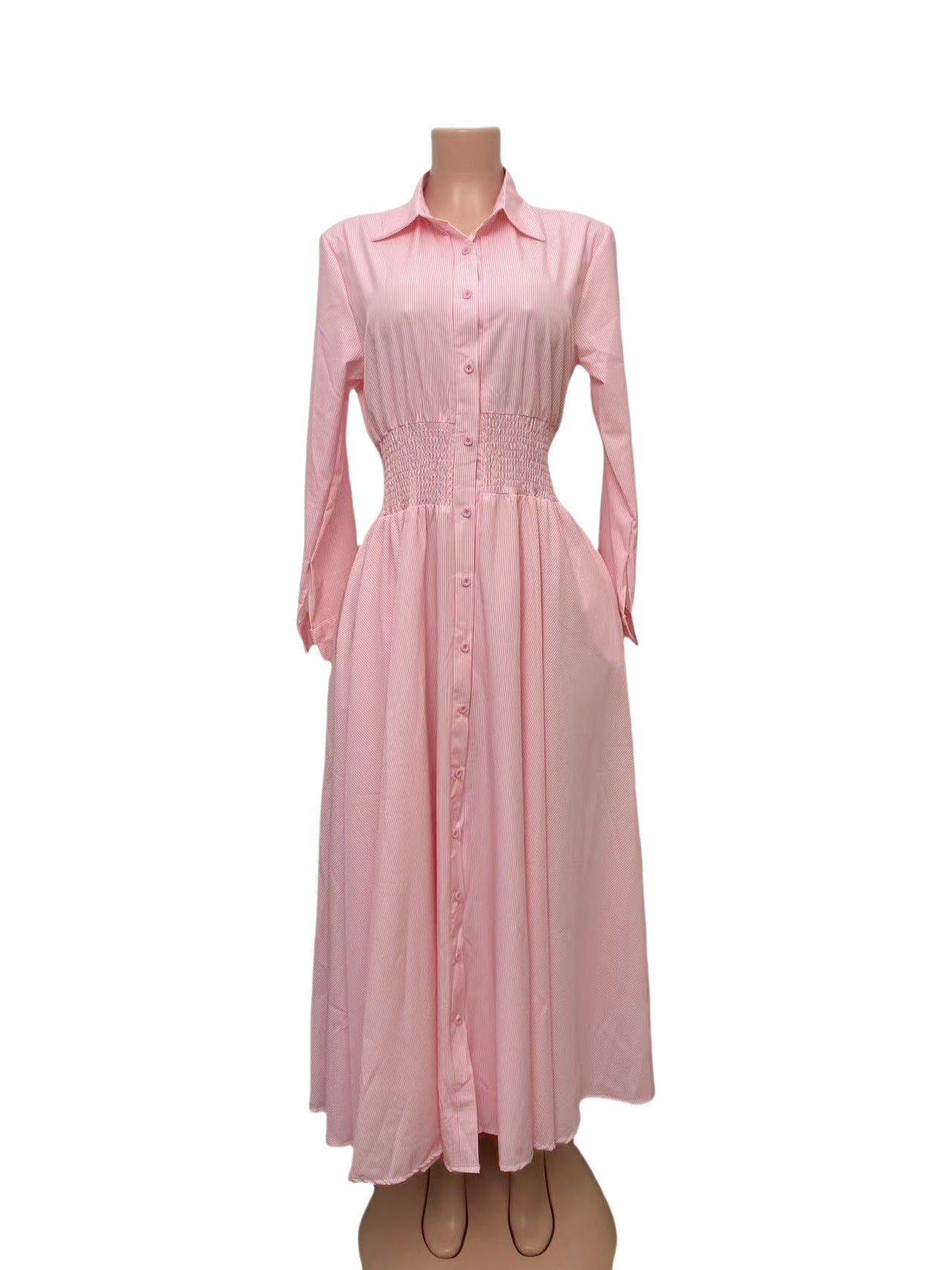 Striped Turndown Collar Long-Sleeve Button Slim Waist A-Line Gown 7