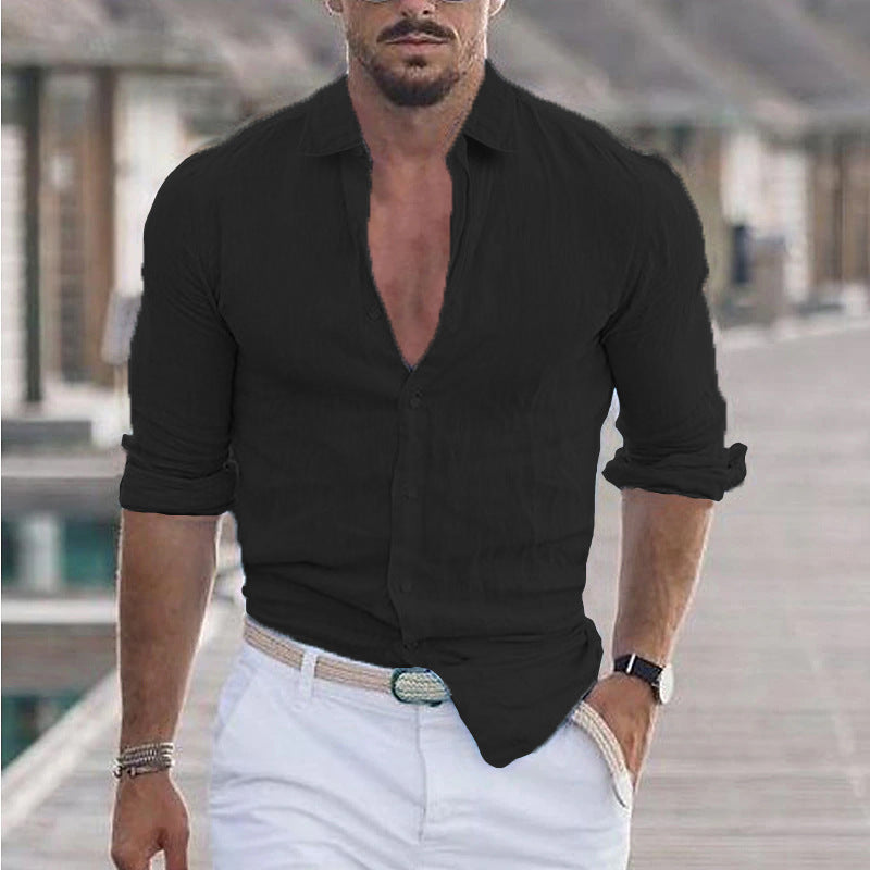 Men 's Summer Turndown Collar Long Sleeve Solid Color Beach Linen Shirt 20