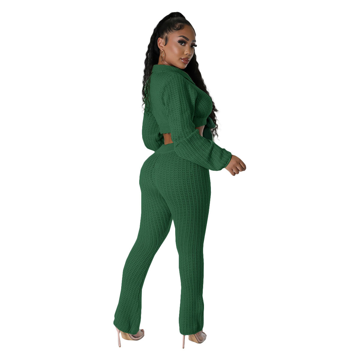 Women's Fashion Casual Bell Bottom Solid Color Knitting Tied Sweater Pants Two Piece Set 7