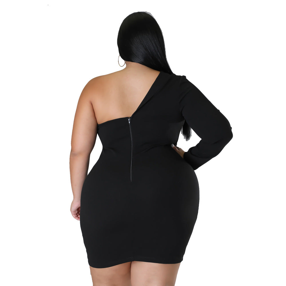 Plus Size Women'S Summer One Sleeve Solid Tight Fitting Sexy Formal Dress 8