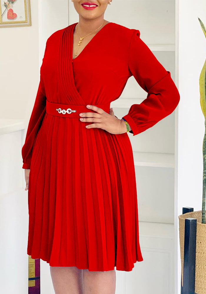 Women Spring V-Neck Pleated African Dress