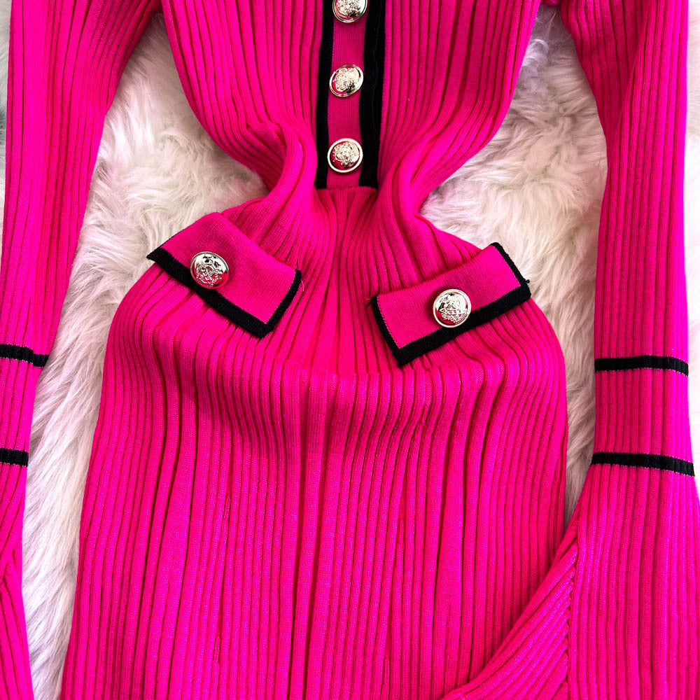 Winter Turndown Collar Knitting Dress Women Long Sleeve Fashion Chic Slim Waist Sweater Dress 11