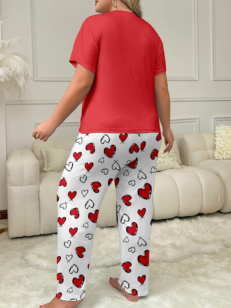 Plus Size Women Spring Summer Printed Short Sleeve T-shirt and Pants Pajama Set 5