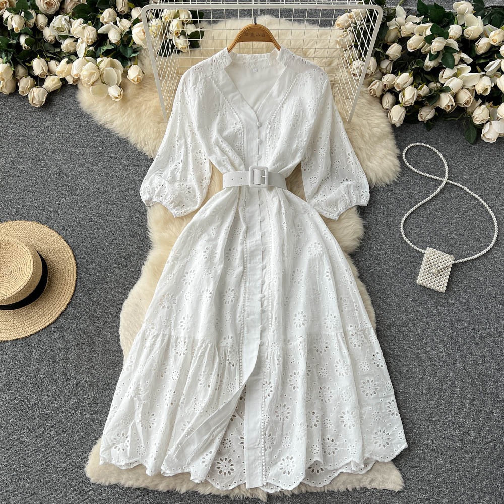 V-Neck Hollow-Out Dress Puff Sleeve Loose Embroidery Slim Waist Slim Fit  V-Neck Hollow-Out Dress