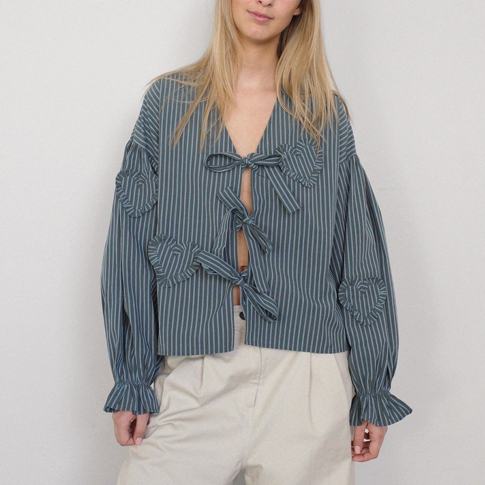 Long Sleeve Solid Color Lace-Up Tie Bow Shirt Top 9