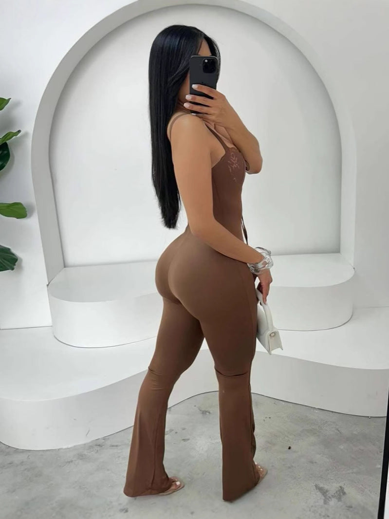 Solid color elastic slim sexy lace Patchwork bow Jumpsuit 4