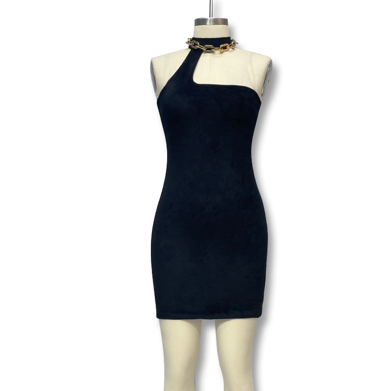 Summer Women corduroy metal chain Halter Neck off-shoulder sleeveless dress 5