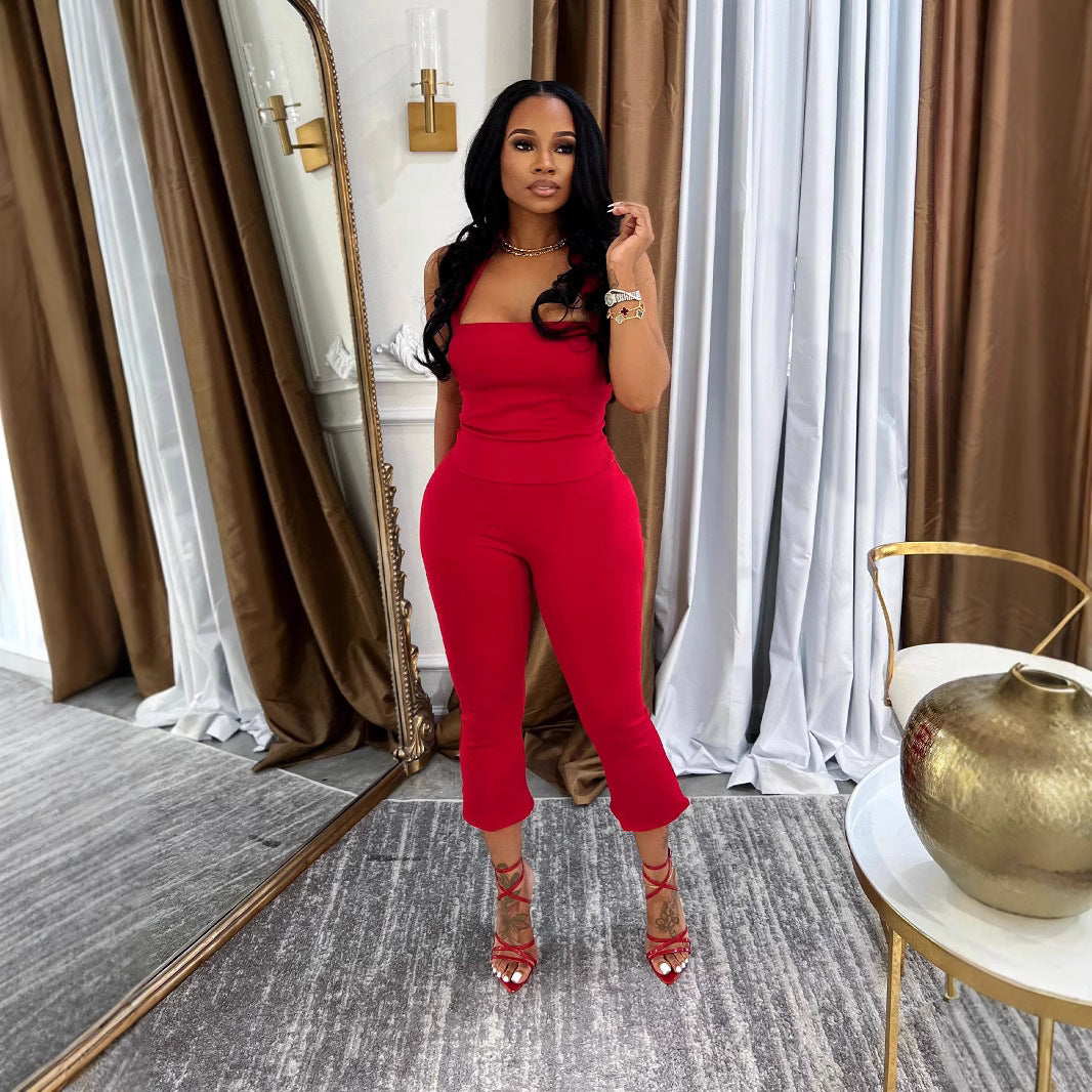 Women Summer Strapless Halter Neck Top and Solid Pants Two Piece Set
